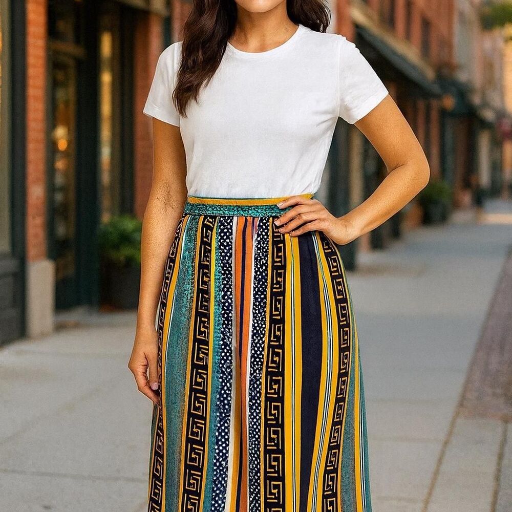 Vintage Graphic Pleated Midi Skirt, Stripes & Polka Dots, Pockets, XS/S